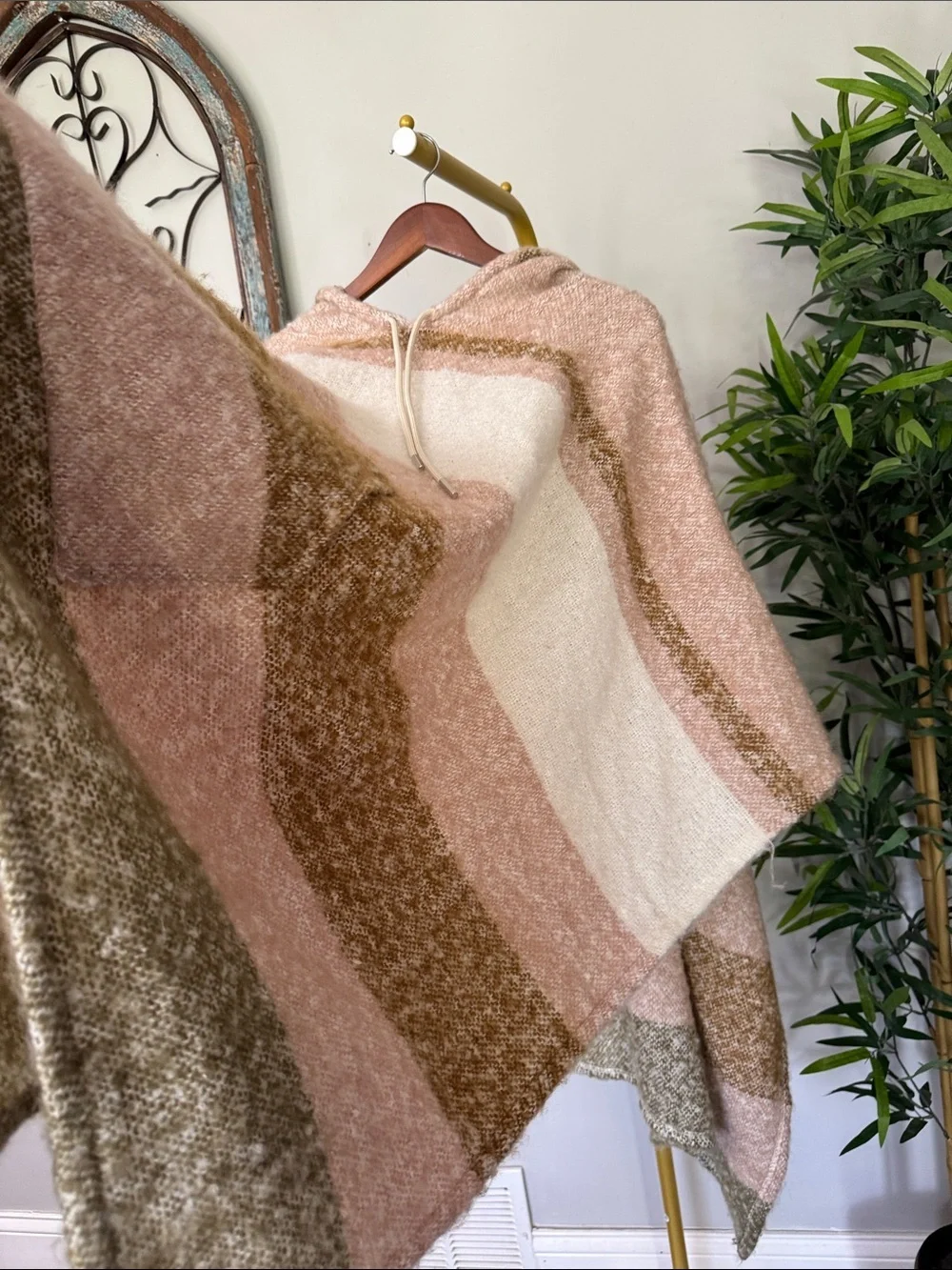 Striped Hooded Poncho in Blush, Cream & Olive NWOT